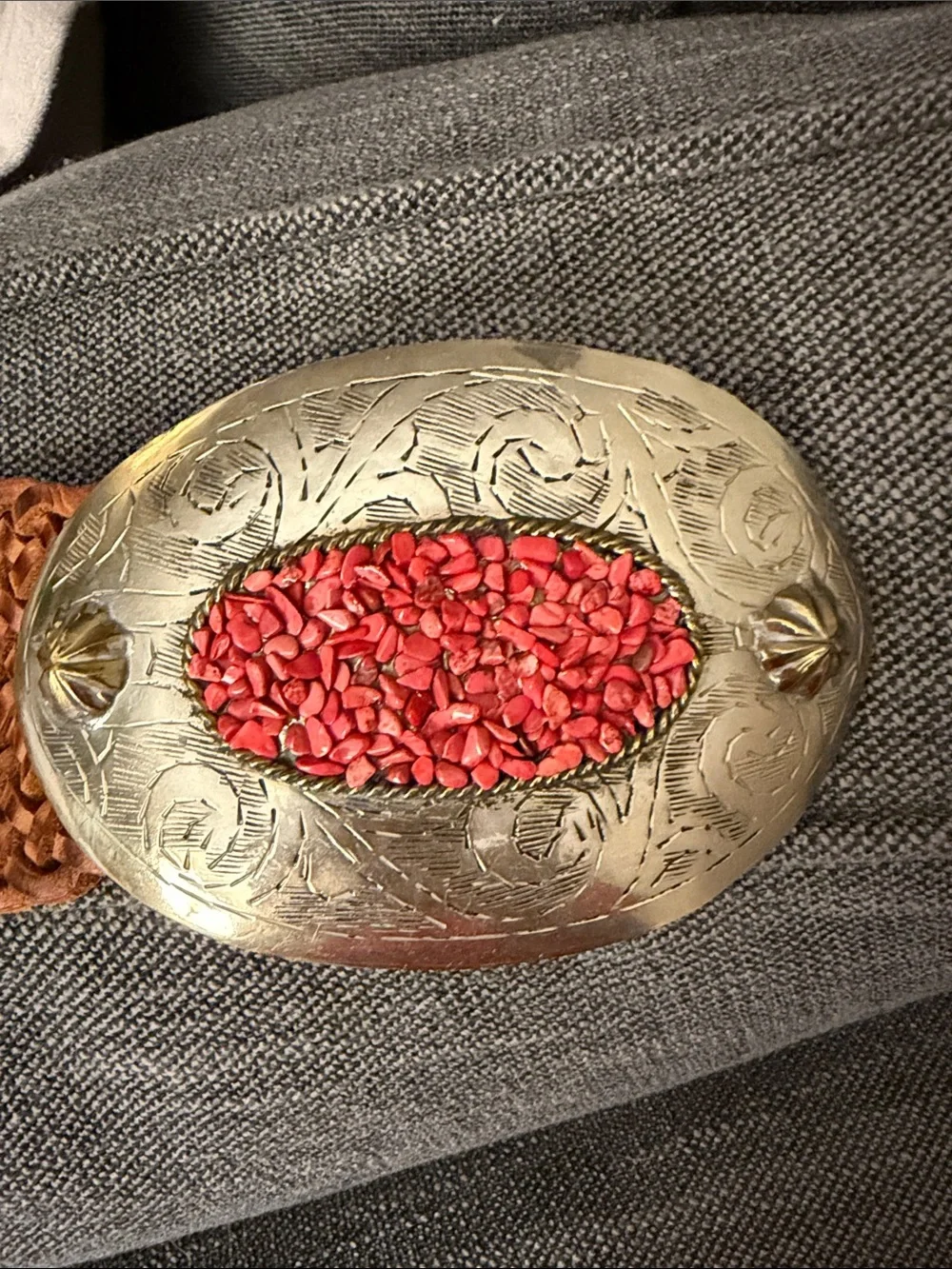 Chico’s Genuine Leather Woven Belt M/L Moroccan Silver Red Stone Buckle
